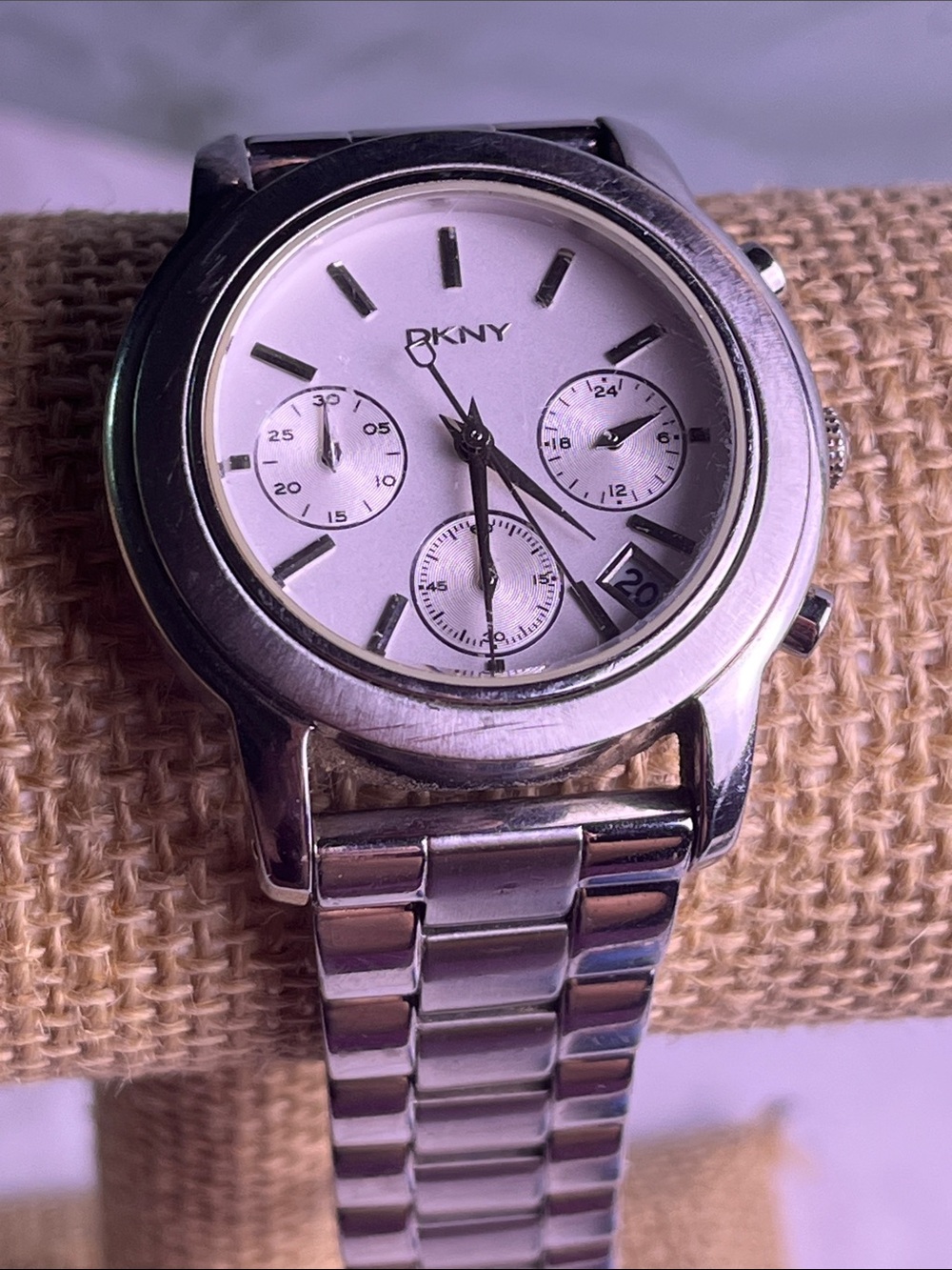 DKNY Ladies Silver Stainless Steel Chronograph Watch with White Dial NEW Battery